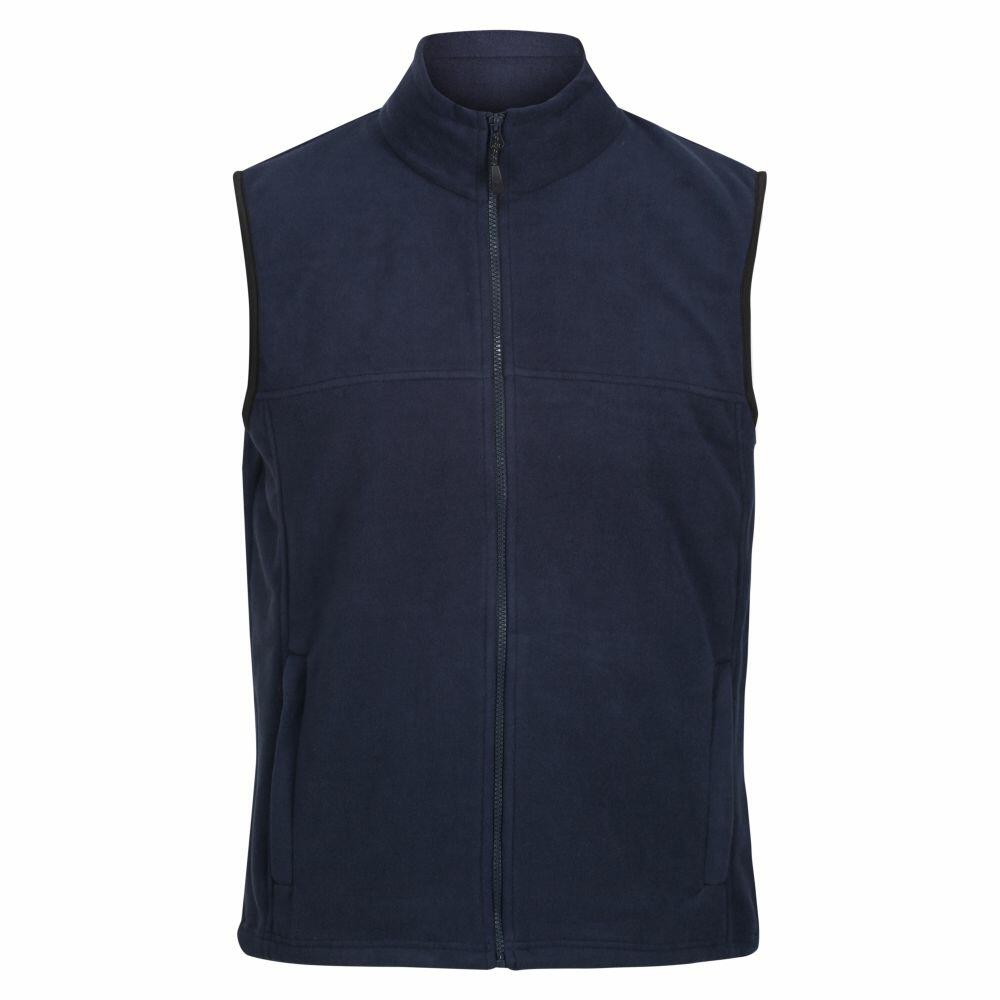 The product RG182 from Regatta Professional is a navy blue fleece vest featuring a full front zipper and two side pockets.