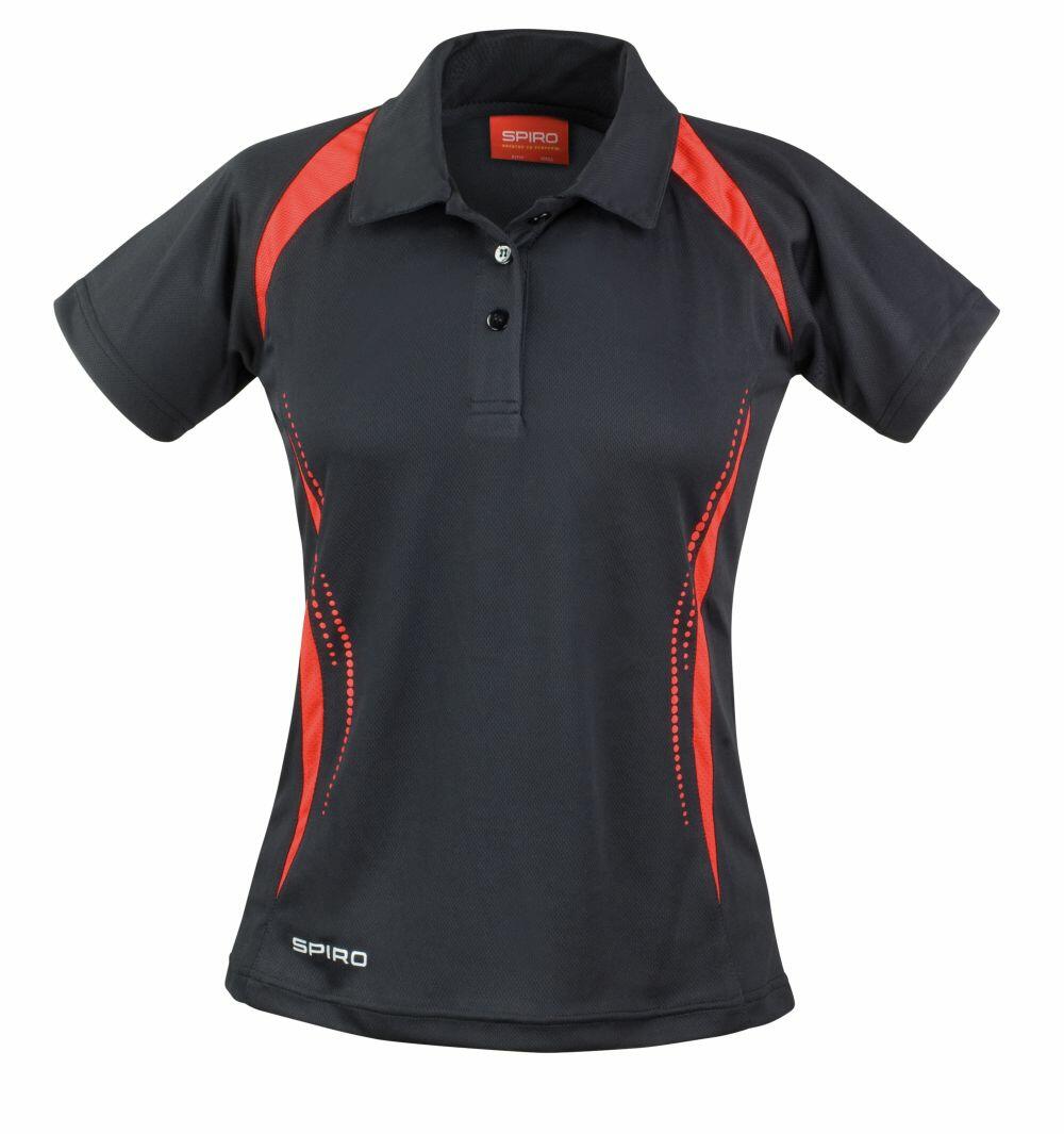 The S177F by Spiro is a black and red short-sleeved athletic polo shirt, featuring button closure and decorative red accents on the sides, with the brand name "Spiro" displayed at the bottom.