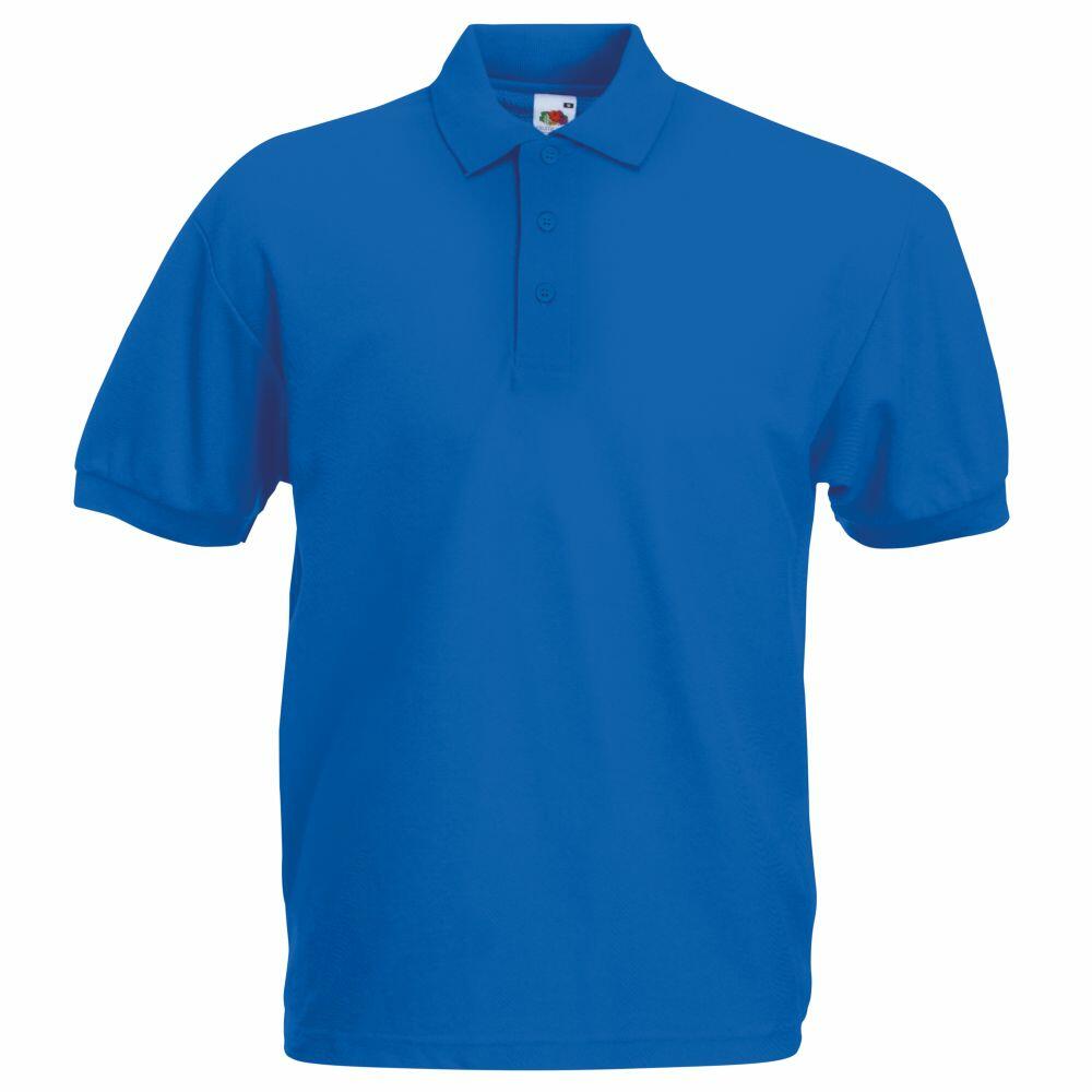 Introducing the Fruit of the Loom SS402: a classic blue polo shirt featuring short sleeves and a collared design. It includes a front placket with three buttons and is displayed on a white background for clarity.