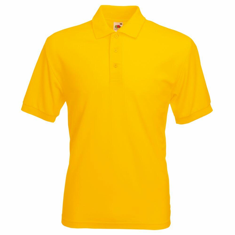 A vibrant yellow Fruit of the Loom SS402 polo shirt featuring short sleeves, a collar, and a three-button placket is presented against a plain white background.