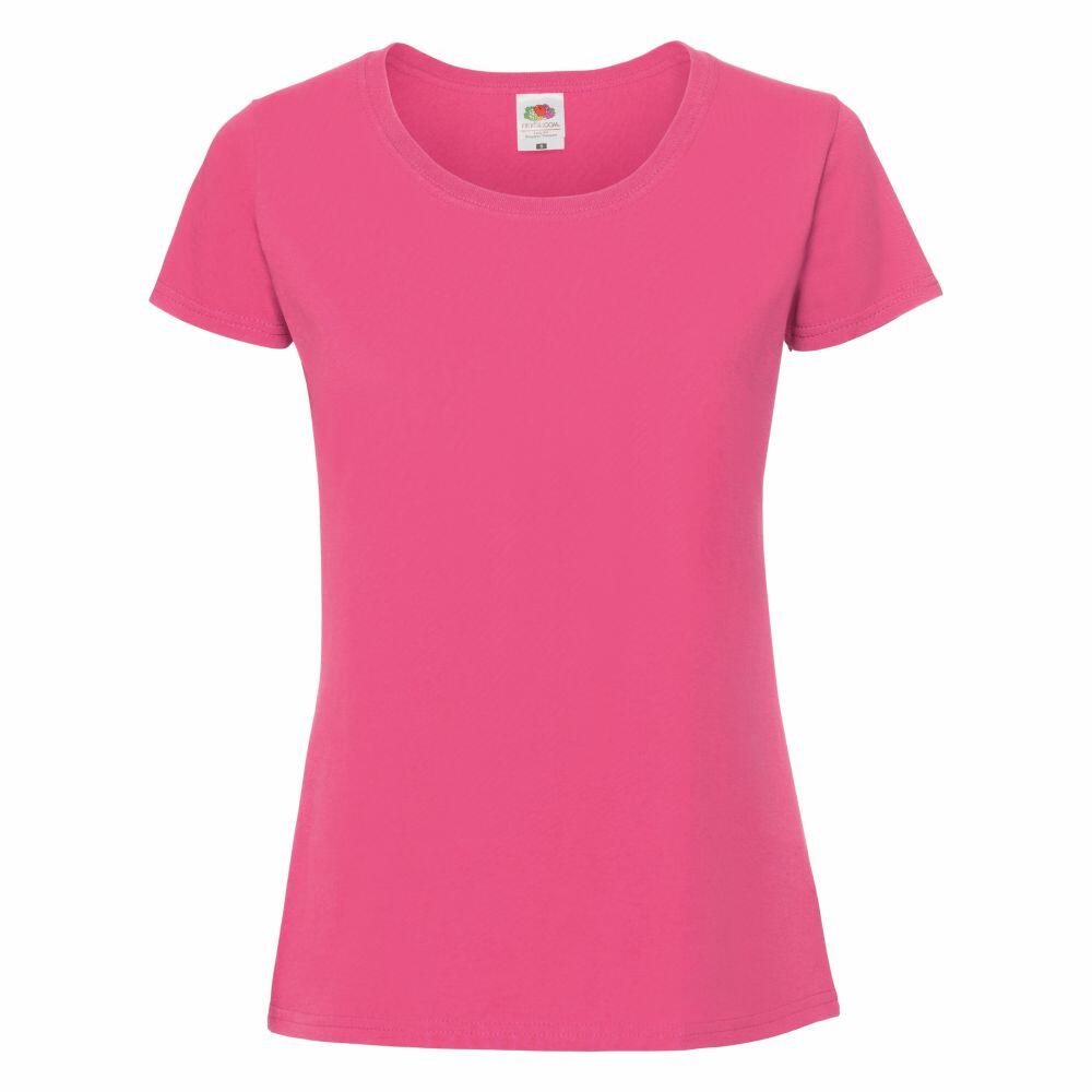 A Fruit of the Loom women's t-shirt, model SS424, featuring a plain pink color with short sleeves and a round neckline, displayed against a white background.