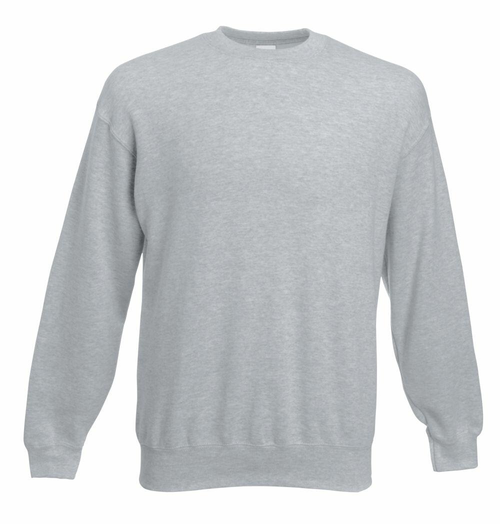 A Fruit of the Loom SS800 sweatshirt, featuring a plain, light gray crew neck design with long sleeves, showcased on a white background. It appears to be crafted from a soft and comfortable fabric.