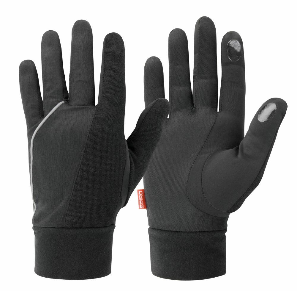 A pair of Spiro S267X gloves in black, featuring reflective stripes on the back and conductive fingertips on the index finger and thumb for touchscreen compatibility.