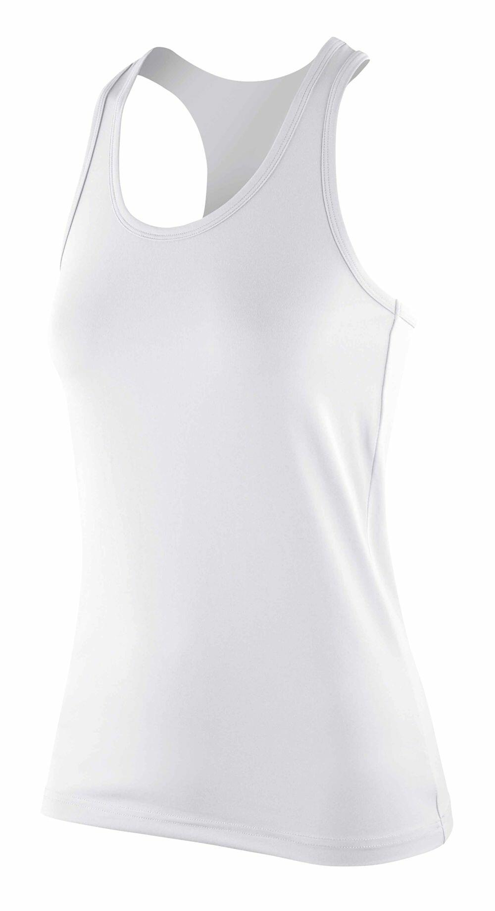 Spiro's S281F white sleeveless athletic tank top, featuring a racerback design, is displayed against a plain background.