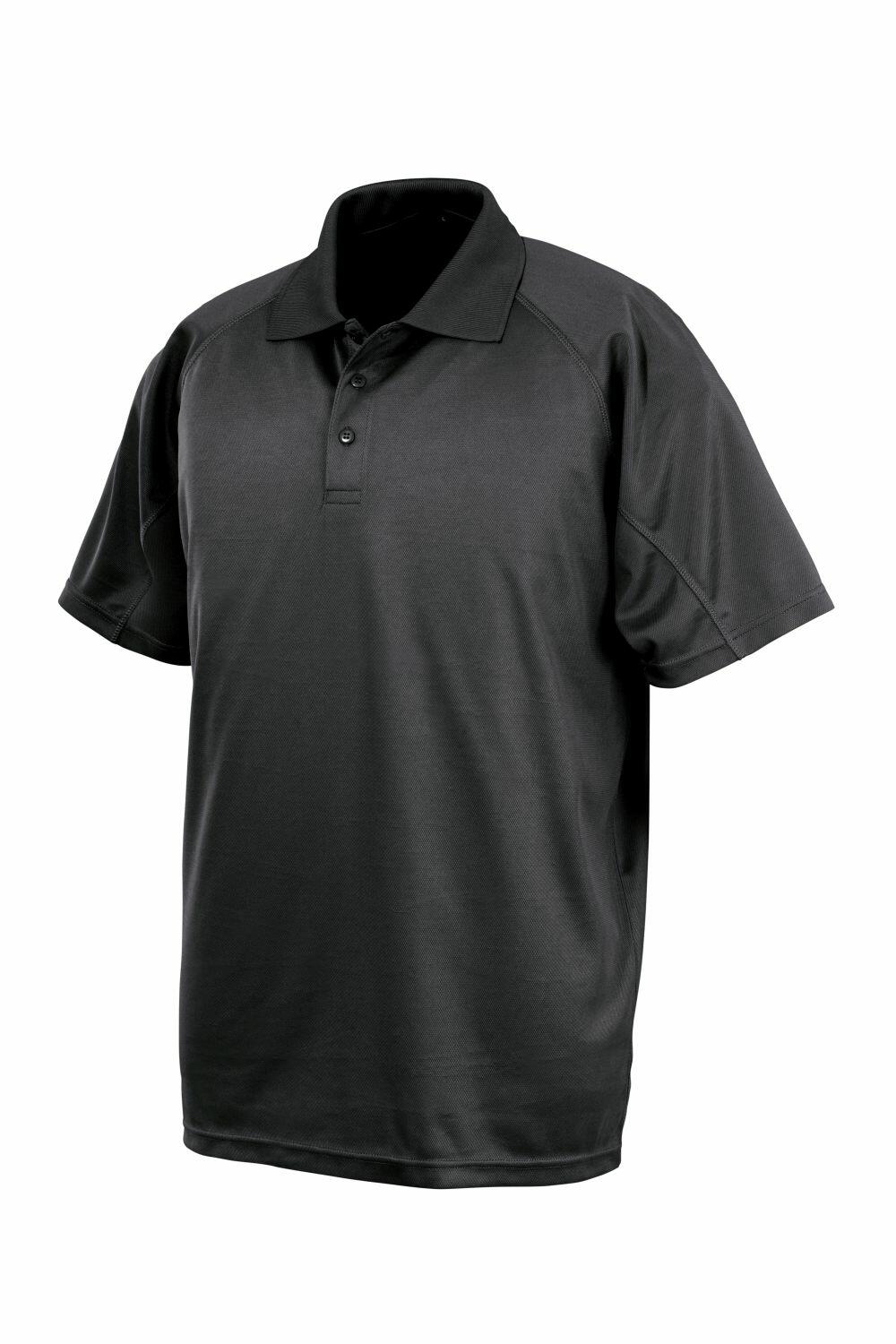 Spiro S288X short-sleeve polo shirt in black, featuring a collar and three buttons.