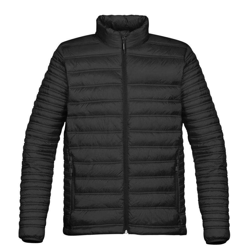 The Stormtech ST154 is a black, puffy quilted jacket featuring a high collar and front zipper, designed to provide warmth.