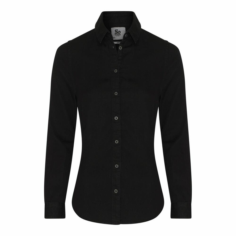 The SD045 from AWDis So Denim is a black long-sleeve button-up shirt featuring a collar and cuffs, showcased against a white background.
