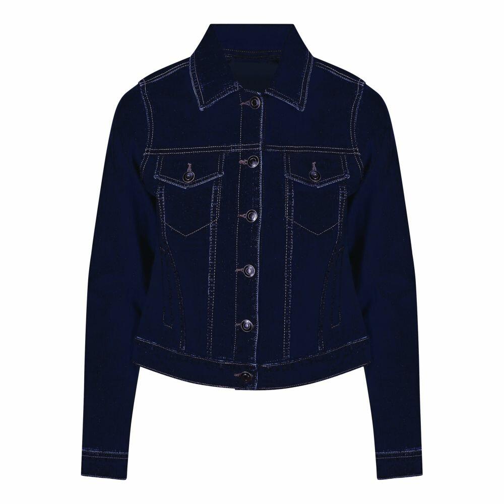 The AWDis So Denim SD065 jacket is crafted from dark blue denim and includes long sleeves. It features a button closure and two chest pockets with flap and button details.