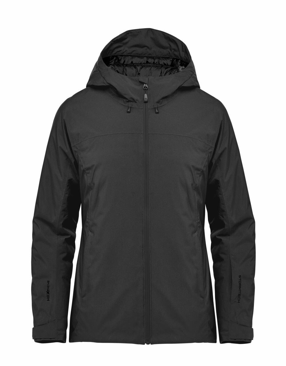 Stormtech's ST215 jacket in black features a hood, front zipper, and side pockets, all crafted for cold weather.