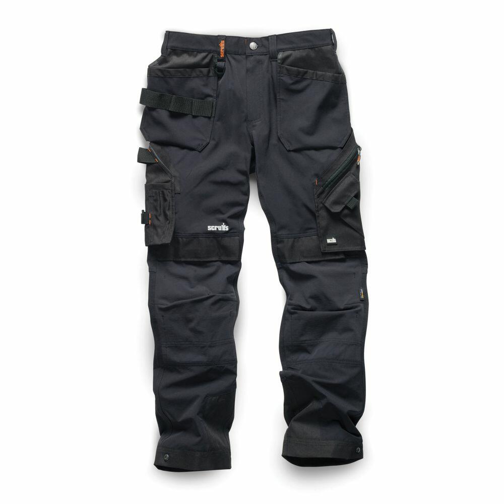 The SH071 black cargo work pants from Scruffs, featuring multiple pockets and reinforced knees, are laid flat on a white background.