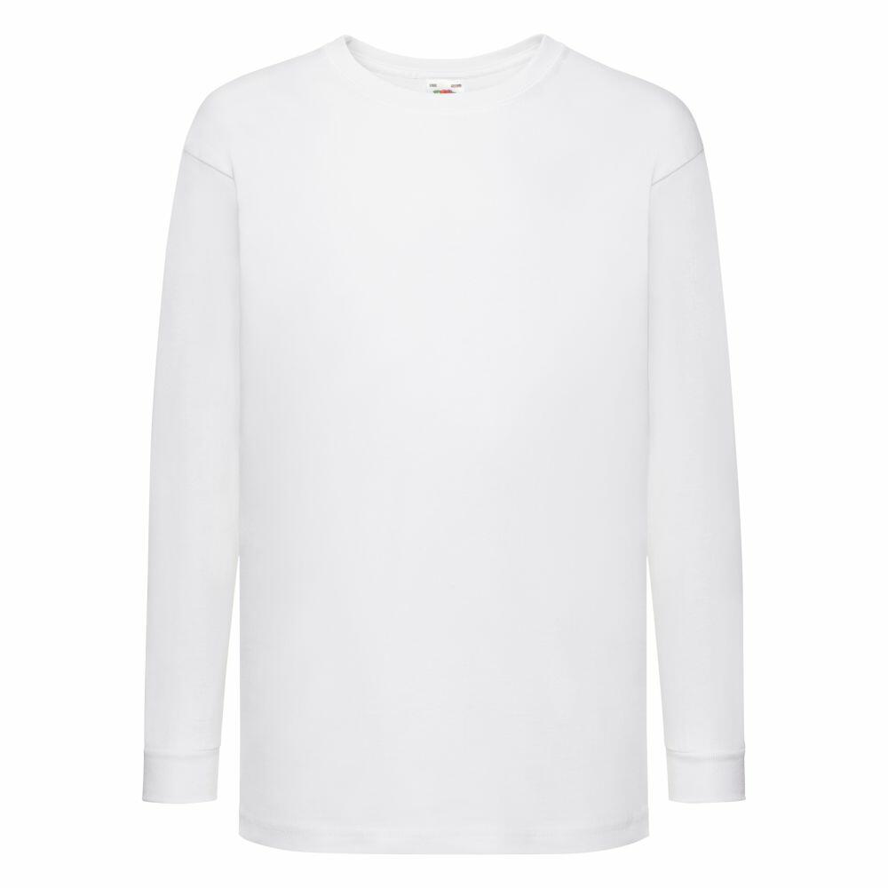 A plain SS007 long-sleeve T-shirt from Fruit of the Loom, featuring a crew neck, is centered against a white background. The T-shirt is simple, with no visible patterns or designs, and the fabric appears smooth and slightly reflective.