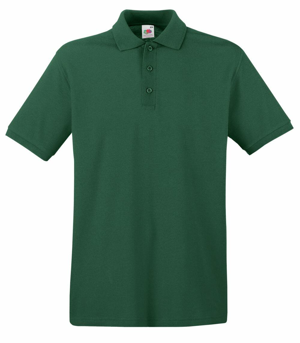 Introducing the SS255 from Fruit of the Loom: a sleek dark green polo shirt featuring short sleeves, a collar, and a three-button placket down the front.