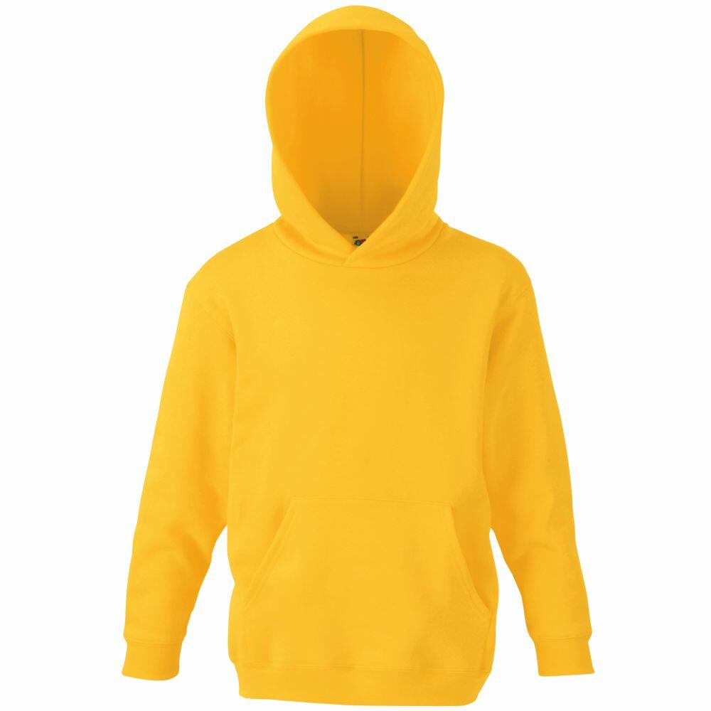 This is the Fruit of the Loom SS273, a plain yellow hoodie featuring a front pocket and a hood, set against a white background.