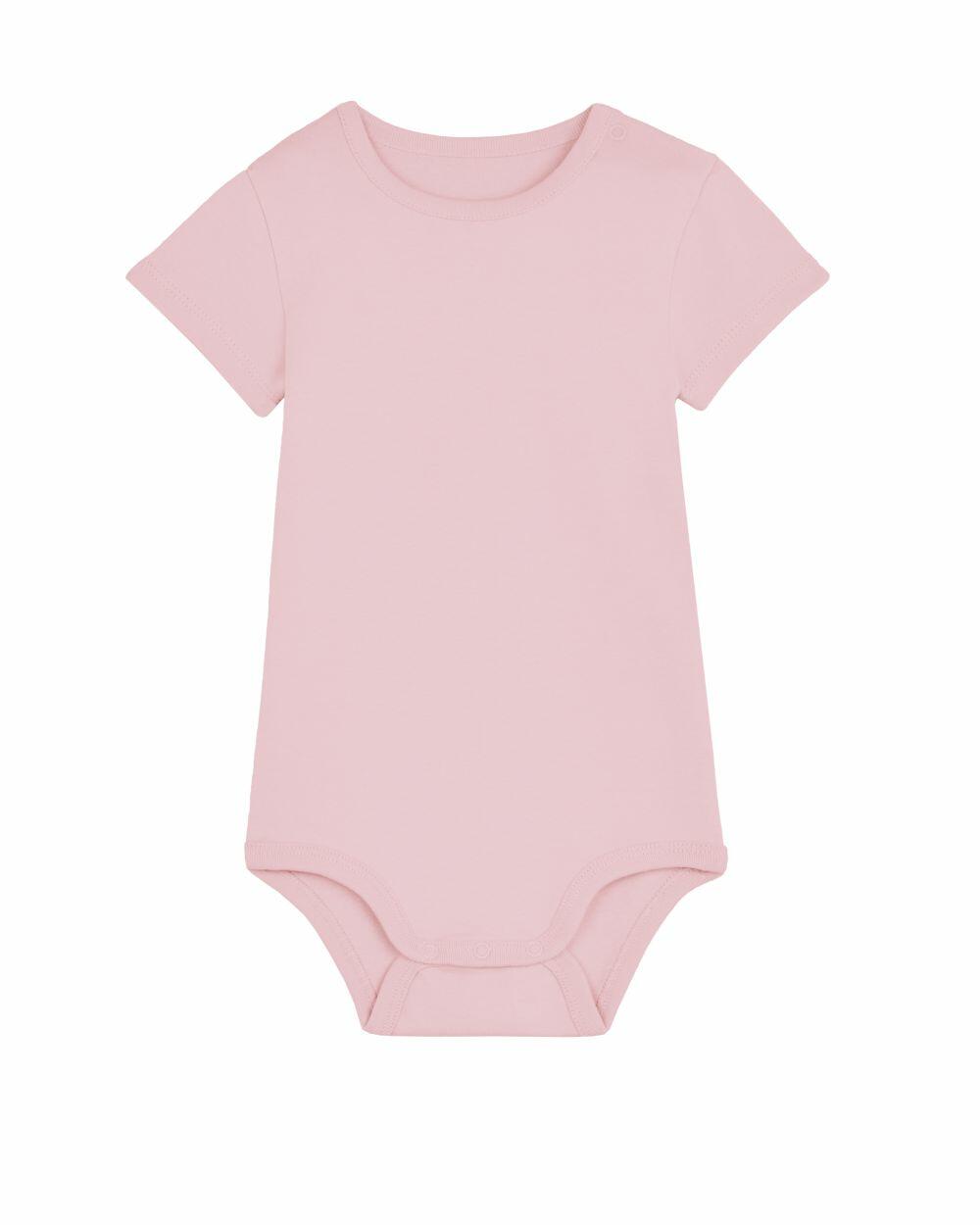 A soft pink SX228 baby onesie by Stanley/Stella, featuring short sleeves and a round neckline, is laid flat against a white background.