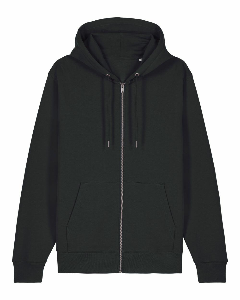 The SX712 by Stanley/Stella is a dark green zip-up hoodie featuring a hood and front pockets, displayed on a plain background.
