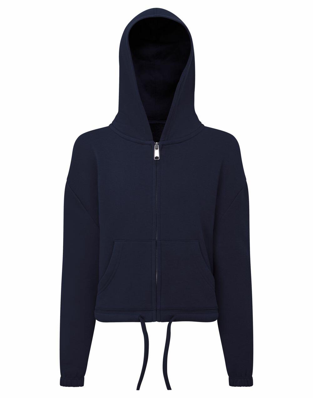 Introducing the Tri-Dri TR61B: a navy blue zip-up hoodie with a front zipper, adjustable drawstring at the waist, and a practical hood. This hoodie is designed with two convenient front pockets and long sleeves, showcased against a simple white background.