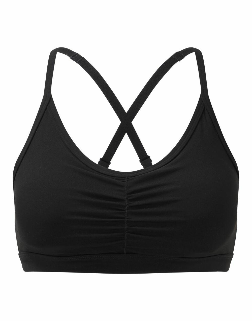 Tri-Dri's TR923 black sports bra features a crisscross back design and gathered fabric at the front.