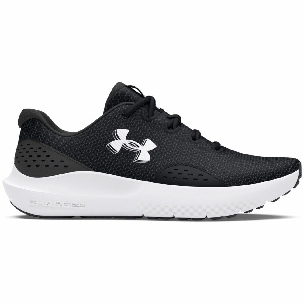 Under Armour's UA063 is a black and white athletic shoe featuring a logo on the side, designed with a breathable mesh upper, textured sole, and lace-up closure.