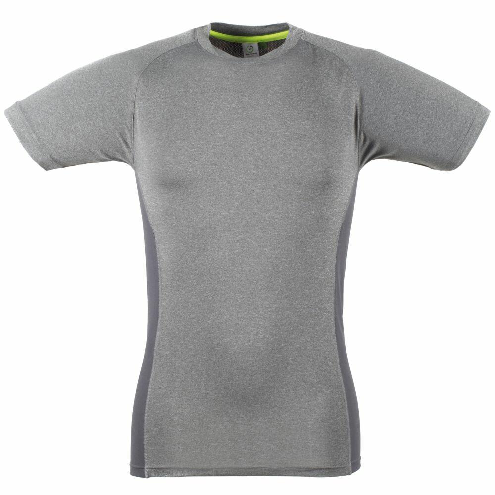 Tombo's TL515 is a gray athletic short-sleeve shirt featuring raglan sleeves and a darker side panel design.
