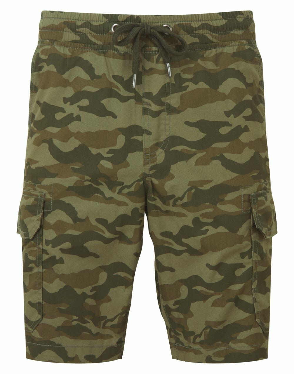 Wombat WB906 cargo shorts feature a camouflage pattern, drawstring waist, and side pockets.