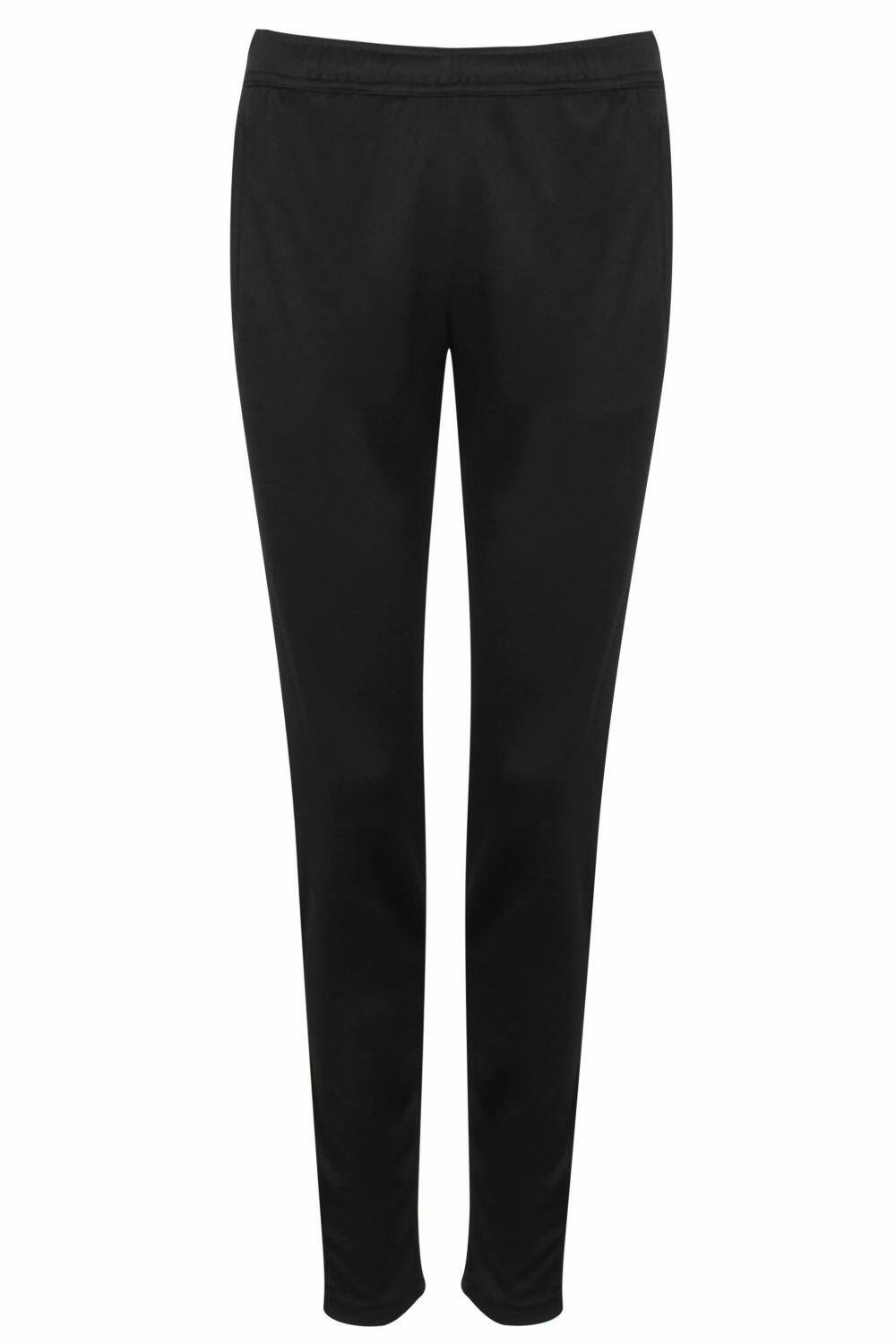 Tombo's TL581 features black full-length, straight-leg pants with an elastic waistband, displayed on a white background.