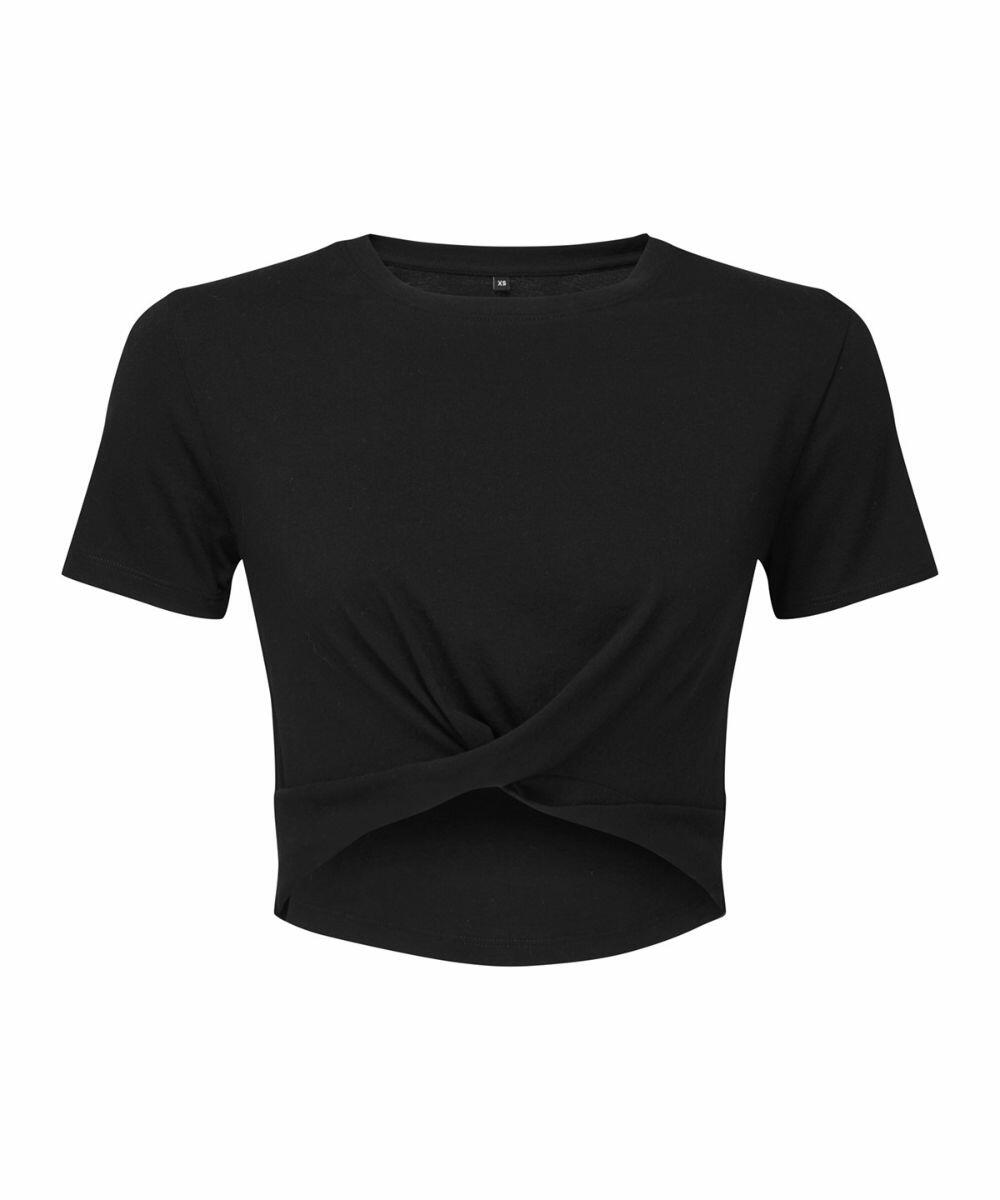 Tri-Dri's TR068 is a black short-sleeve crop top featuring a twisted front design.