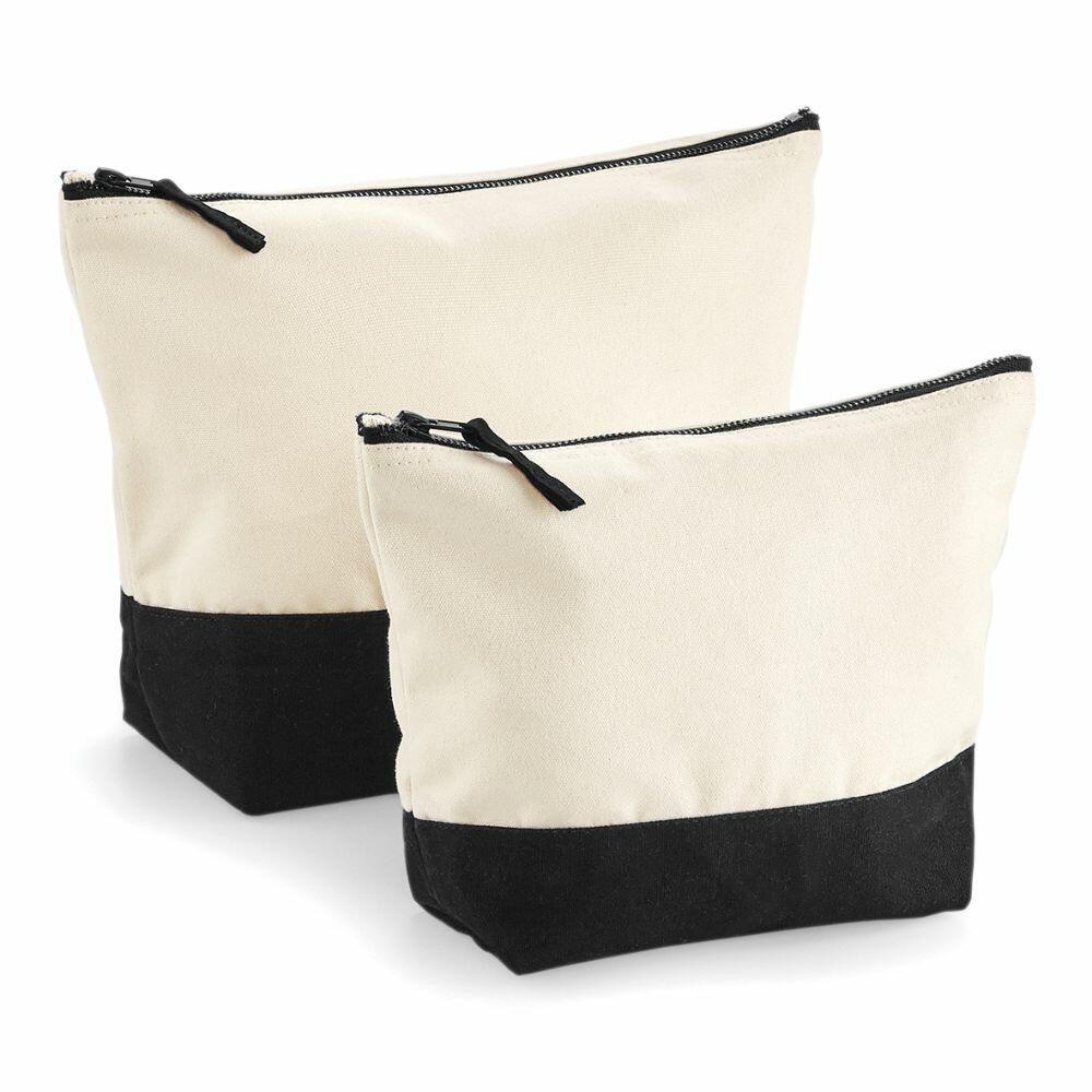 Two Westford Mill WM544 zipper pouches with a beige upper section and black base, standing upright.