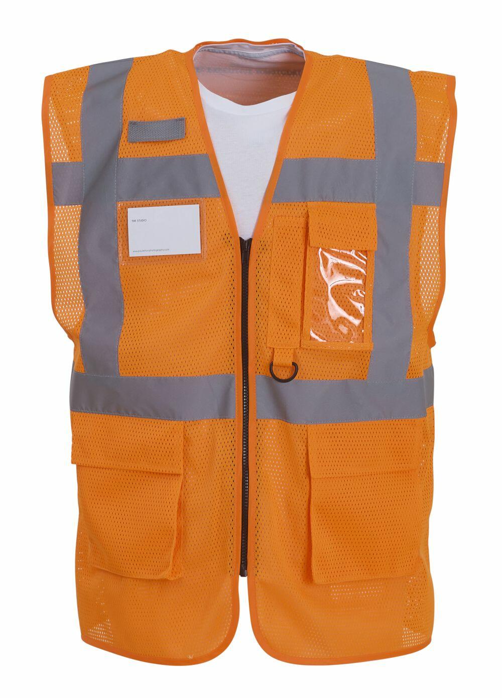 Yoko's YK015 safety vest features gray reflective stripes, multiple pockets, and a front zipper.