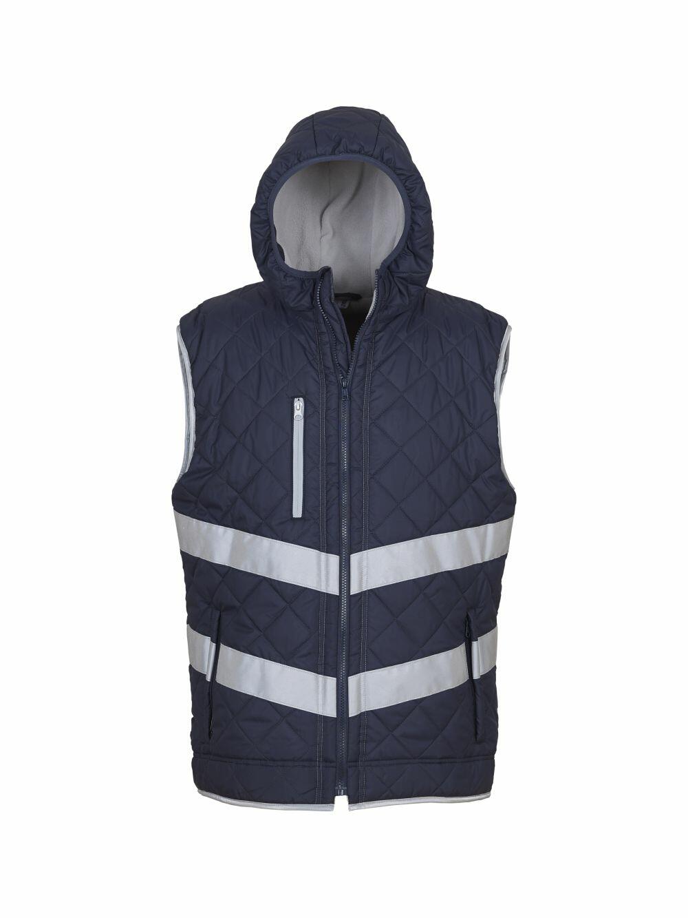 The Yoko YK026 is a dark quilted sleeveless hooded vest featuring reflective stripes, a front zipper, and a zipped chest pocket.