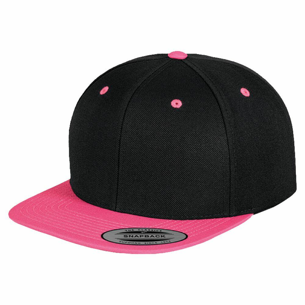 A Flexfit By Yupoong snapback cap (YP002) featuring a black design with a pink visor and pink accents.