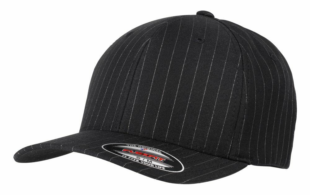 Flexfit By Yupoong's YP015 black pinstripe baseball cap with a curved brim, complete with a sticker on the visor.