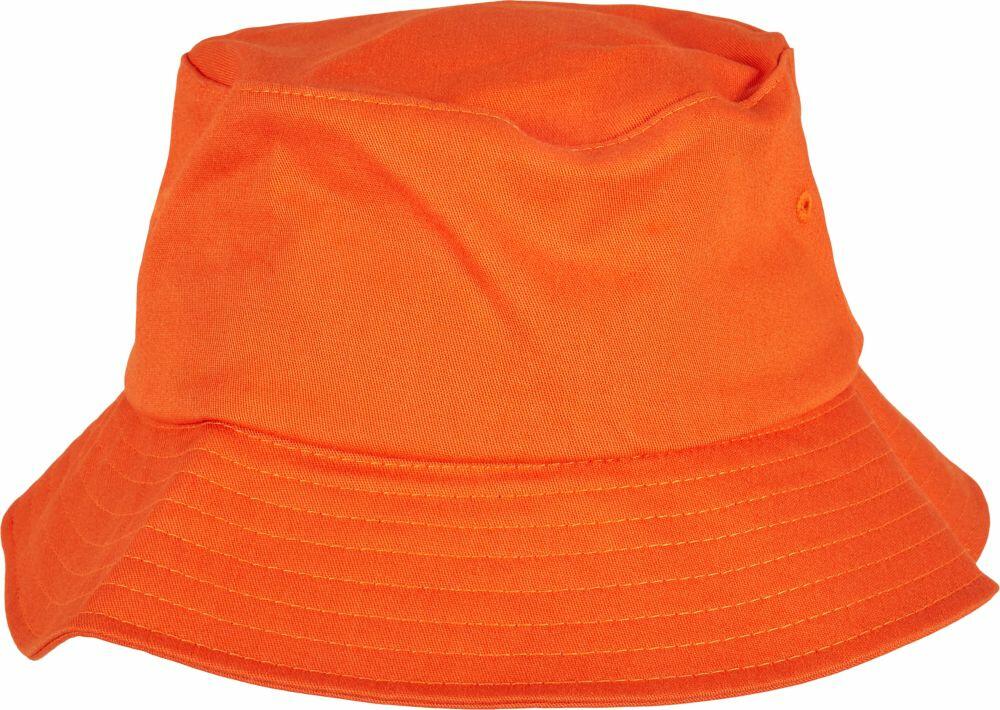 The YP039 by Flexfit By Yupoong is a bright orange bucket hat featuring stitching details on its brim. It boasts a soft, rounded top and a wide, downward-sloping brim.