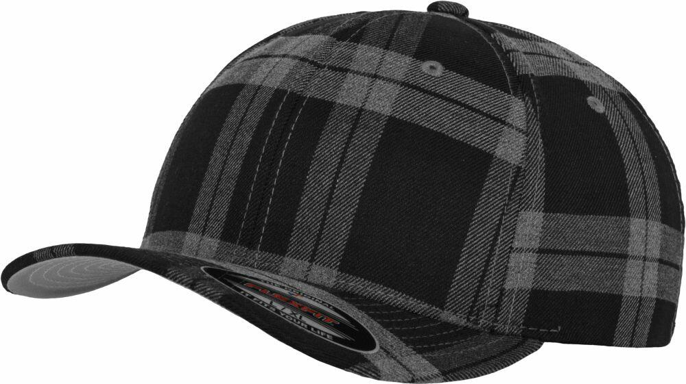 A Flexfit By Yupoong YP042 baseball cap in black and gray plaid featuring a curved brim.