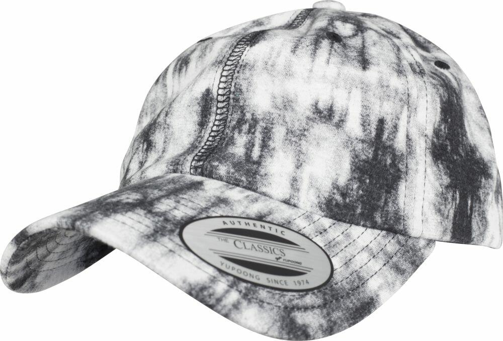 Black and white tie-dye baseball cap with a curved brim, featuring a "Classics" sticker on the front, made by Flexfit By Yupoong in their YP099 model.