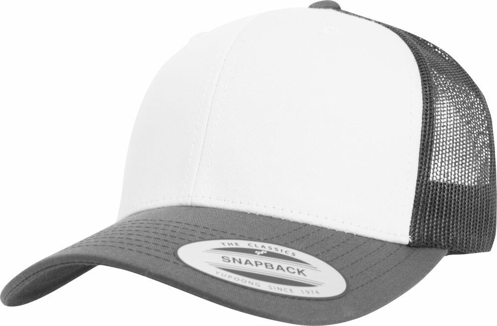 A Flexfit By Yupoong YP129 white and gray snapback trucker hat featuring a mesh back and an adjustable strap.