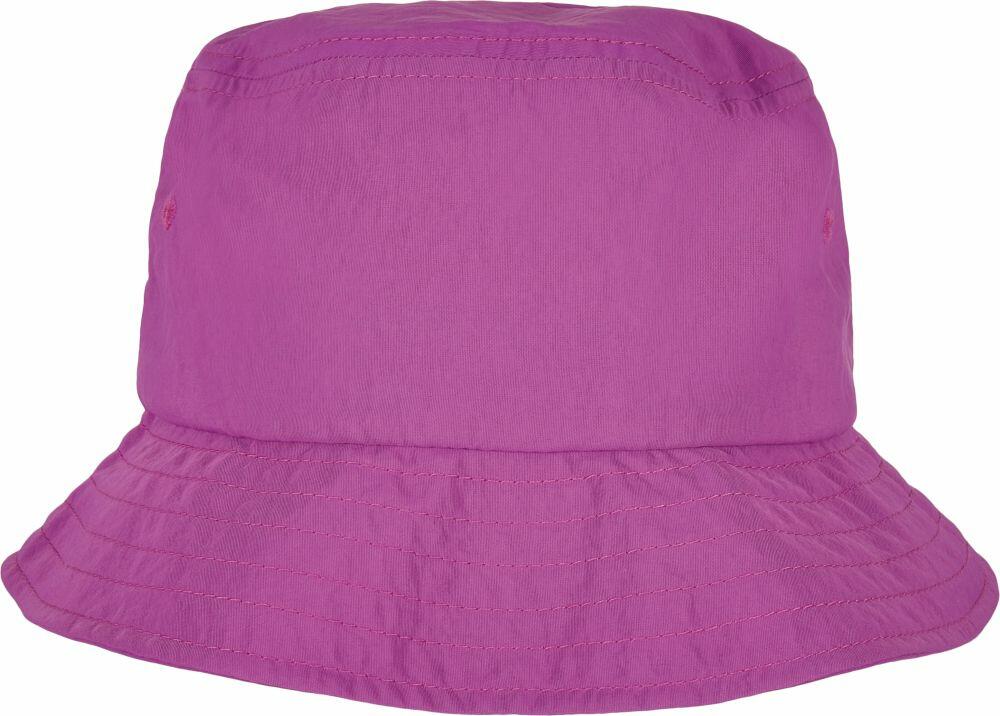 A bright pink bucket hat known as the YP139 from Flexfit By Yupoong, featuring a wide brim and visible stitching.