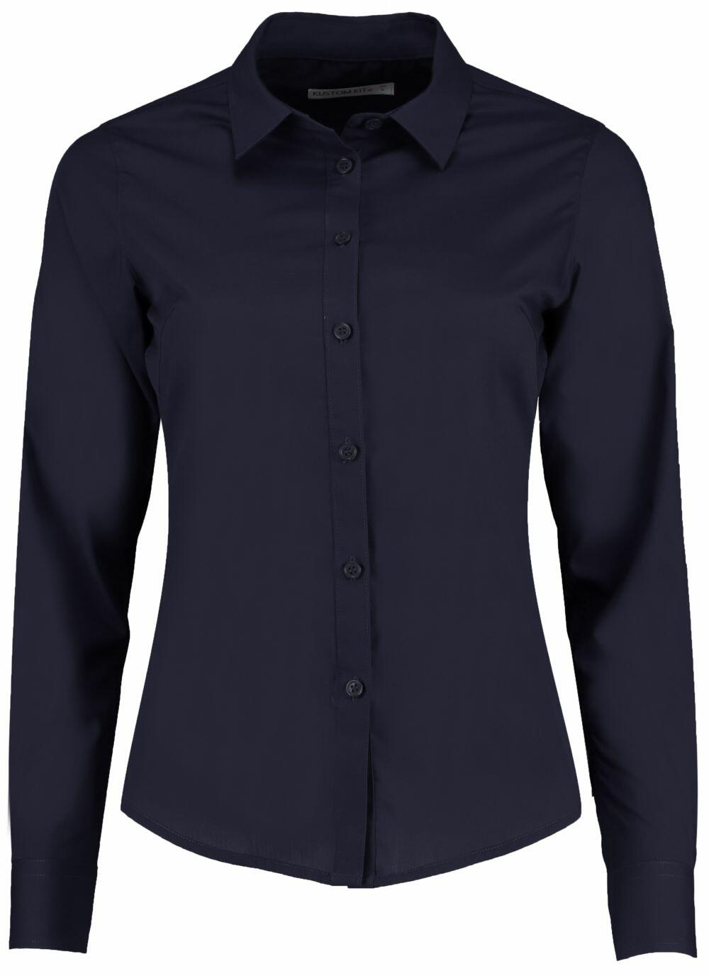Product KK242 by Kustom Kit, a navy blue long-sleeve button-up shirt with a collar, is displayed on a white background.