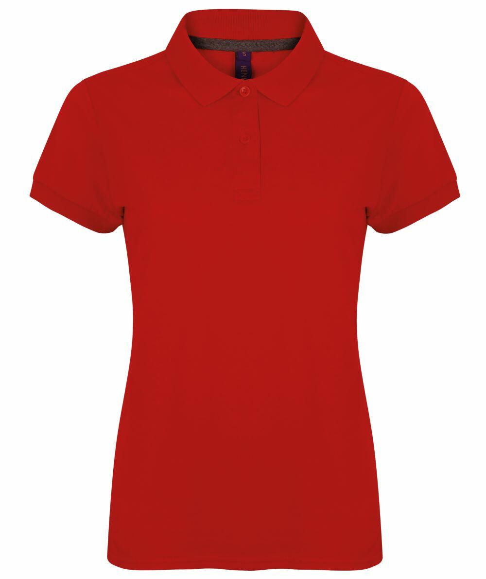 The HB102 from Henbury is a plain red polo shirt featuring a collar and short sleeves.