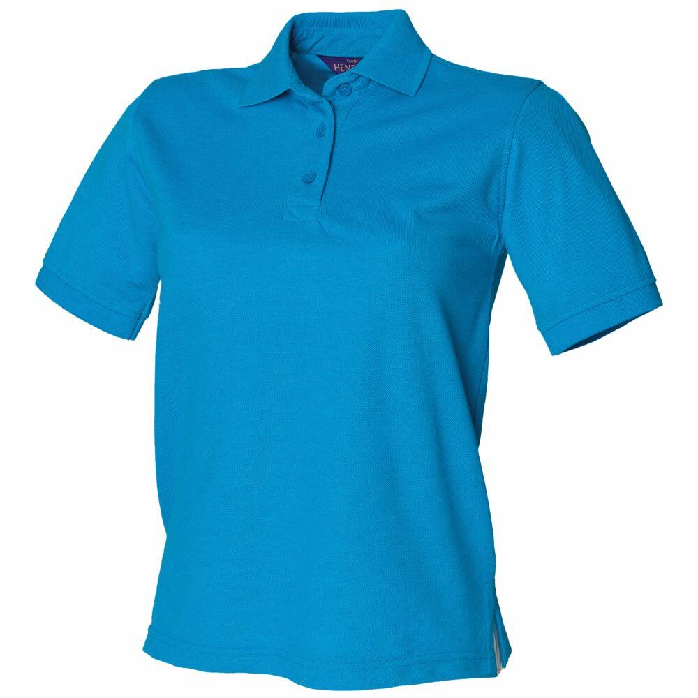 Henbury's HB401 is a bright blue short-sleeve polo shirt featuring a classic collar, three buttons, and a slightly fitted shape, showcased on a white background.