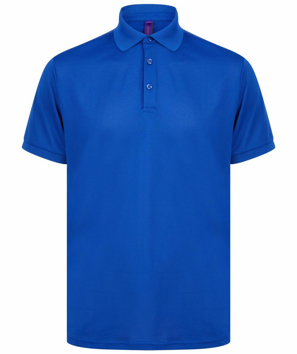 A plain blue Henbury HB465 polo shirt featuring a collar and three buttons down the front.