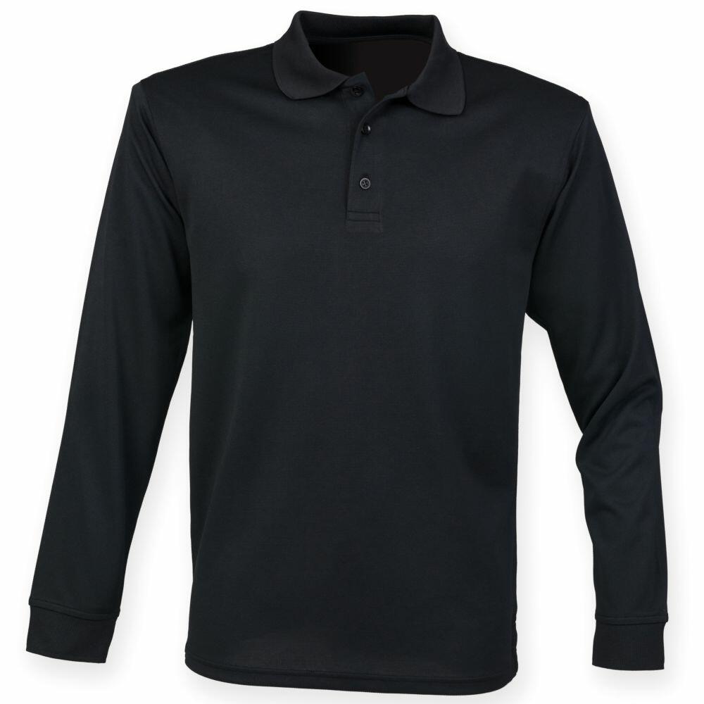 Henbury HB478 long-sleeve polo shirt in black featuring a three-button placket and a classic collar.