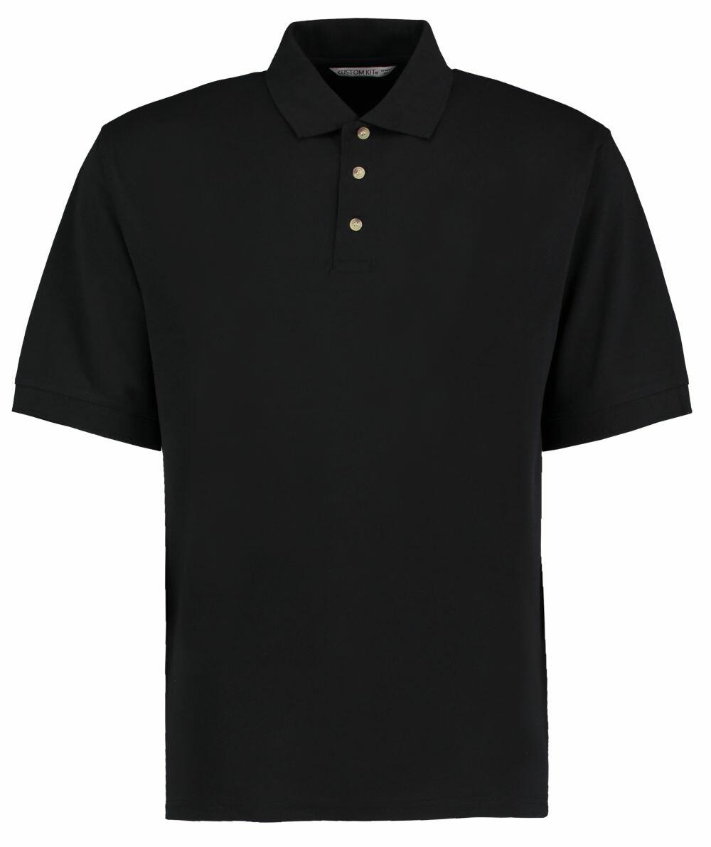 Kustom Kit KK407 black polo shirt featuring short sleeves and a three-button collar.