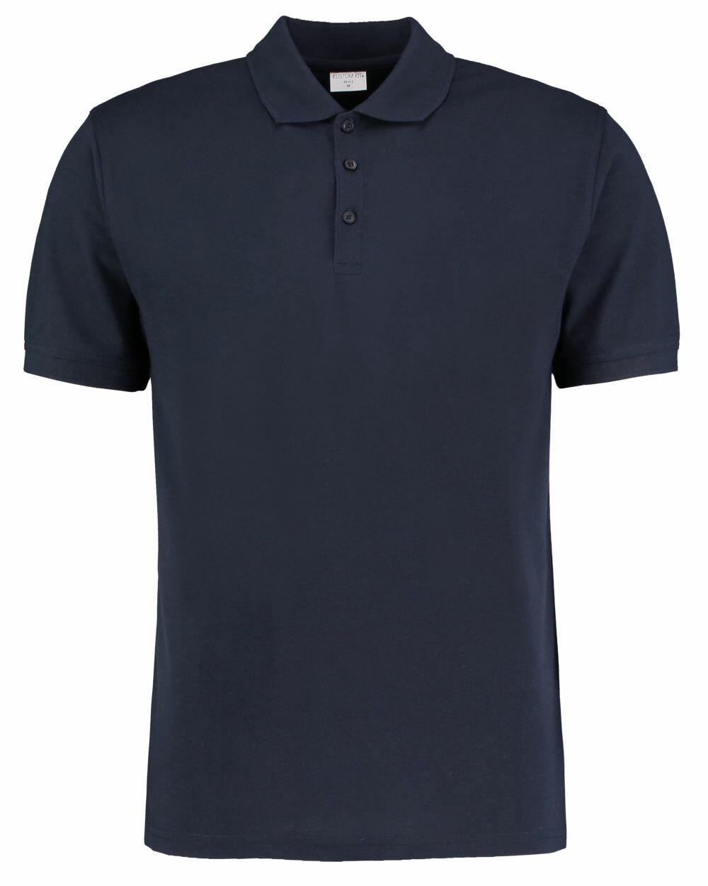 The Kustom Kit KK413 is a plain dark navy blue polo shirt, featuring short sleeves and a three-button placket.