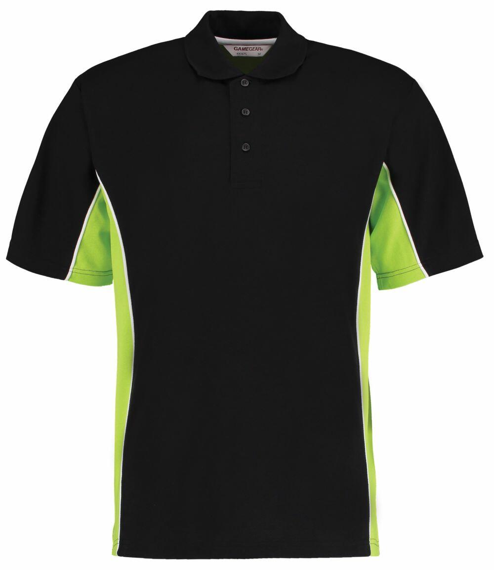 Introducing the Gamegear KK475: a stylish black polo shirt with lime green accents. This shirt features short sleeves, a buttoned collar, and distinctive contrasting side panels.