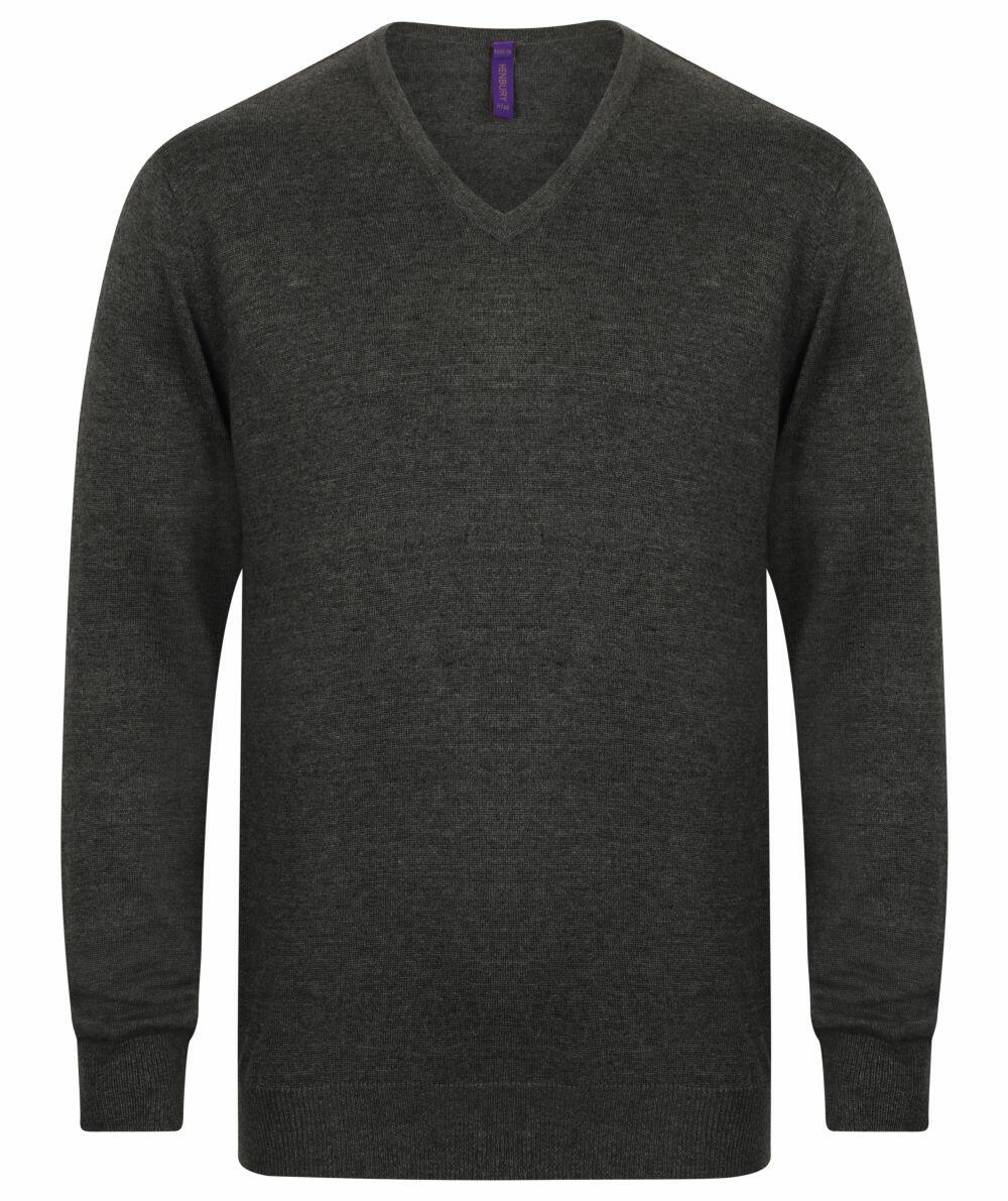 Henbury's HB720, a dark green V-neck sweater with long sleeves, is showcased against a plain white background.