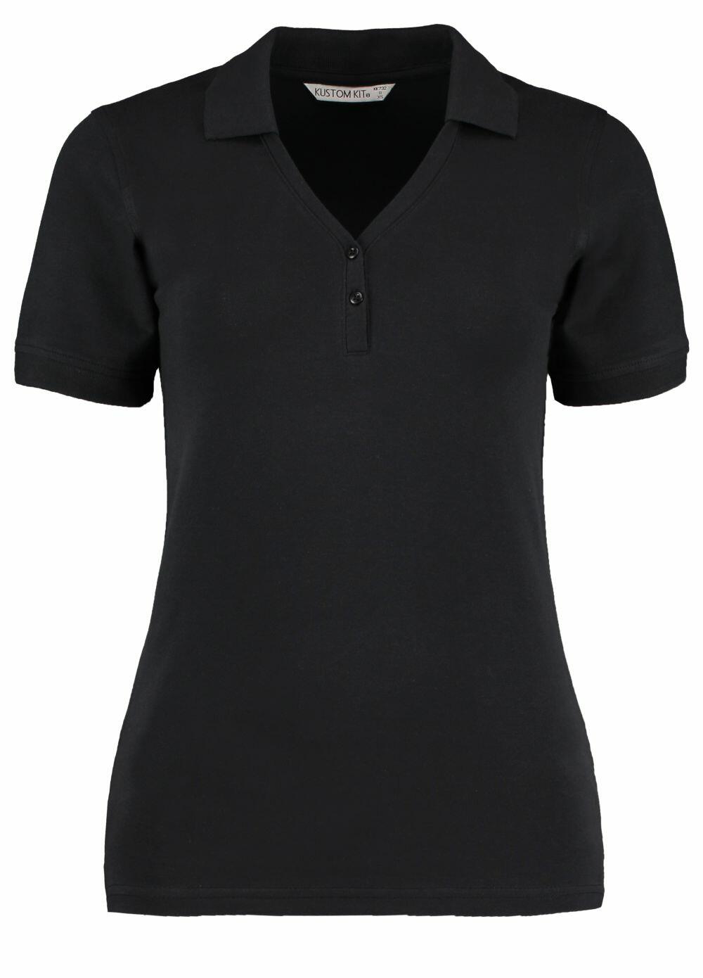 The Kustom Kit KK732 is a black short-sleeve polo shirt displayed on a plain background, showcasing its collar and buttoned placket.