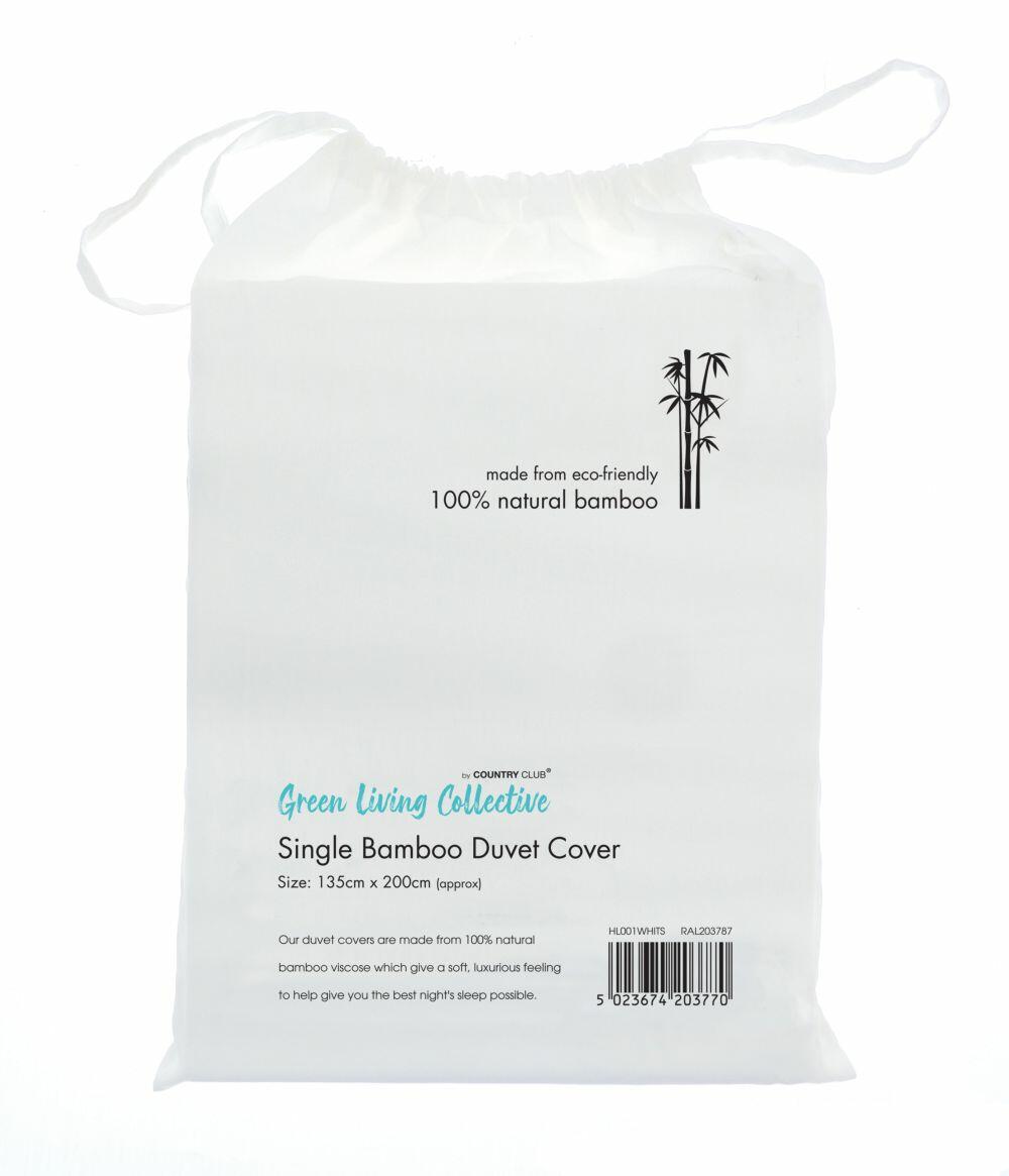White packaging bag for Home & Living's HL001 single bamboo duvet cover, featuring a bamboo graphic and text promoting eco-friendly, 100% natural bamboo materials. Size: 135cm x 200cm. Barcode at bottom right.