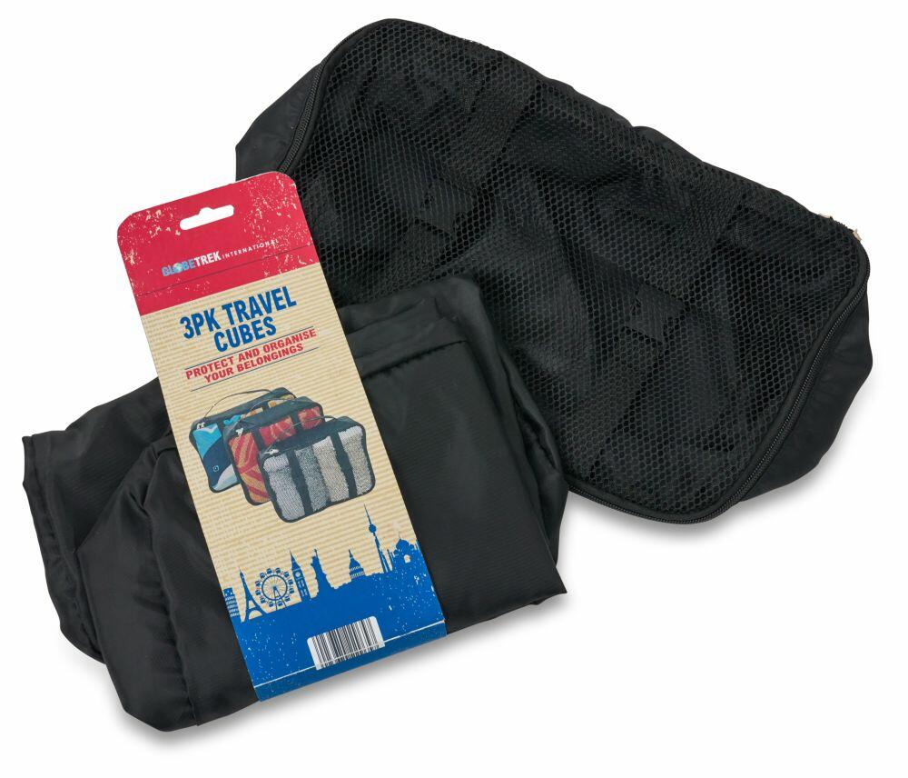 Three HL031 travel cubes from Home & Living, featuring black mesh tops, are displayed next to their packaging, which showcases a vibrant red and blue design.