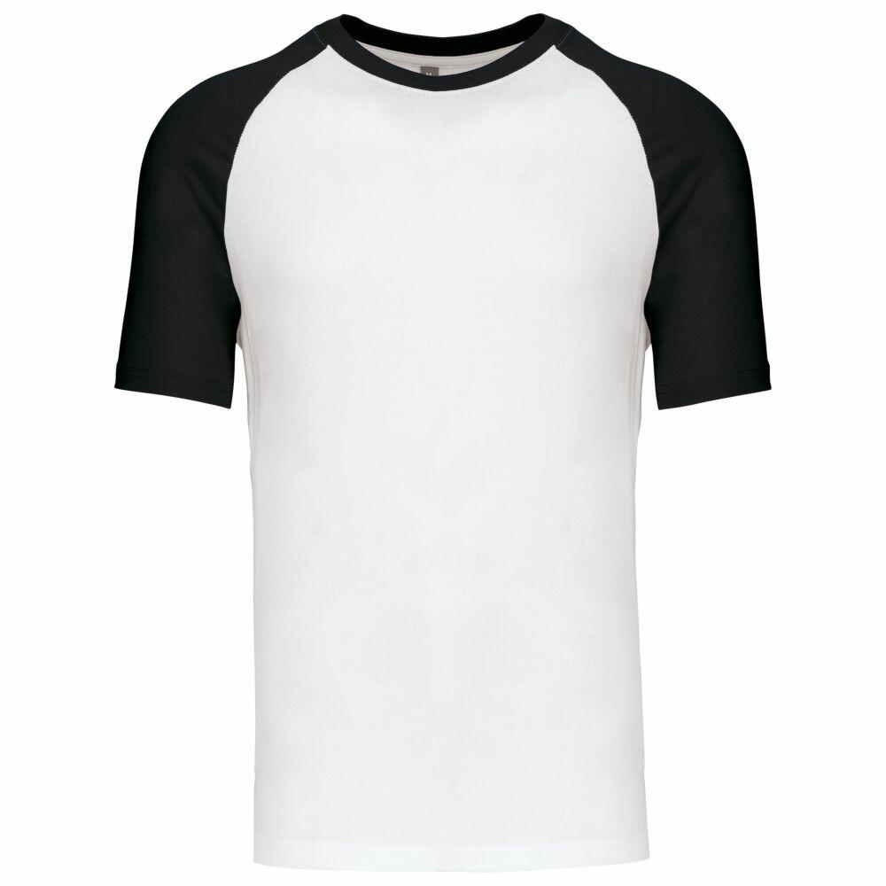 A KB330 T-shirt by Kariban featuring a plain white body with black raglan sleeves on a white background.