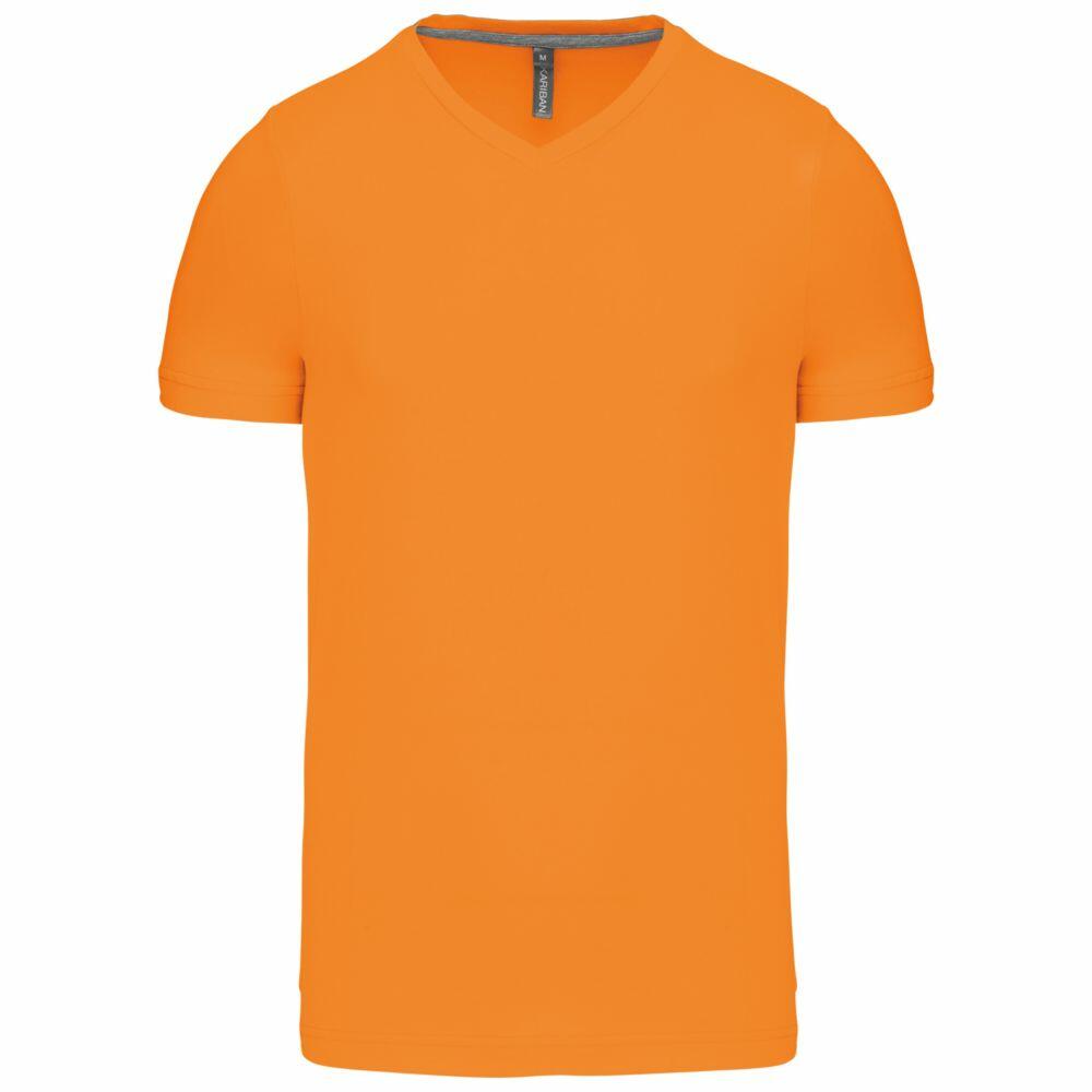 A plain, bright orange KB357 V-neck T-shirt from Kariban, displayed against a white background, features short sleeves and a casual design.